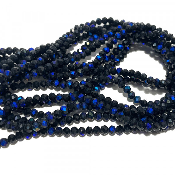 4*3 mm. Perles en verre à facettes, noir électroplaqué bleu nuit. Fil d'environ 123 perles