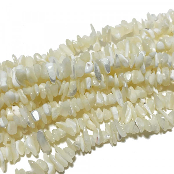 6 - 10 mm. Perles chips coquille trochid ivoire. Fil 90 cm