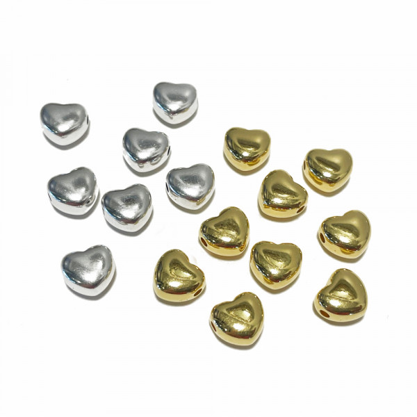 8 mm. Perle coeur en zamac. Argenté ou plaqué or 24 K