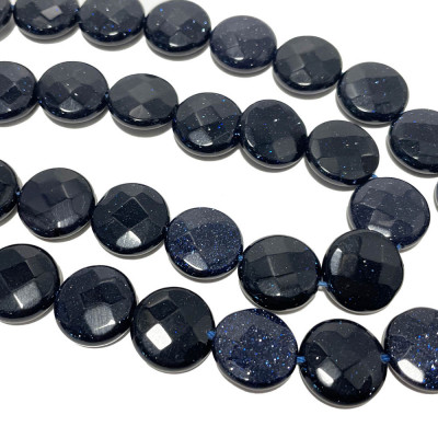 15 mm. Perle rond plat pierre de sable bleue synthétique.