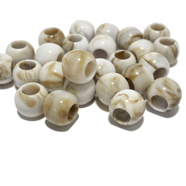 13 mm.  5 perles acrylique ivoire marbré. Gros trou 7 mm