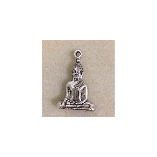 Pendentif buddha assis, métal argenté, 3,5 cm