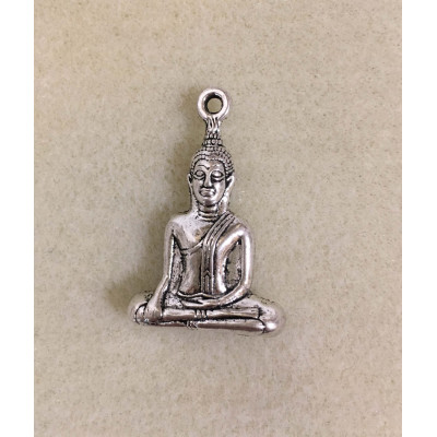 Pendentif buddha assis, métal argenté, 3,5 cm