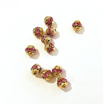 10 perles alliage et strass. 8 mm. Doré / rose
