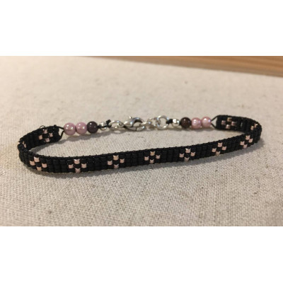 Bracelet tissé Miyuki, noir et rose galva. 16,5 cm