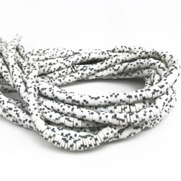 6 mm, heishi polymère, blanc et gris chiné, le fil env. 43 cm