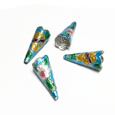 4 cônes émail 22*8 mm. Fleurs fond turquoise
