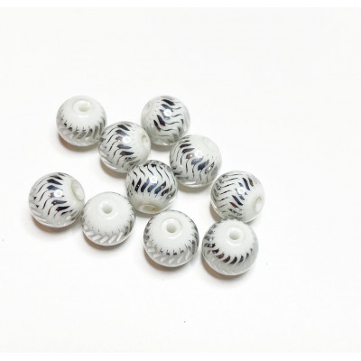 10 perles 8 mm, verre décor stries gris.
