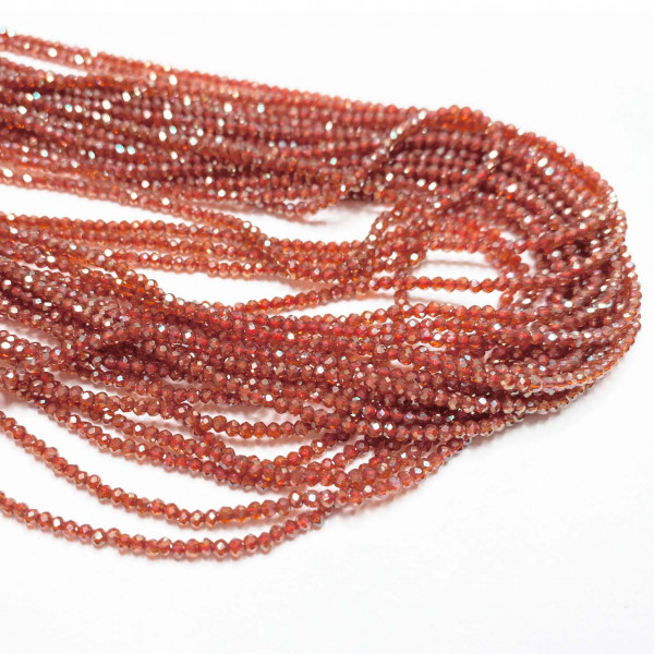 2*1,5 mm, perles verre facetté électroplaqué. Rouge orangé irisé.