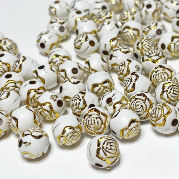 90 perles acrylique, 8 mm, blanc et or