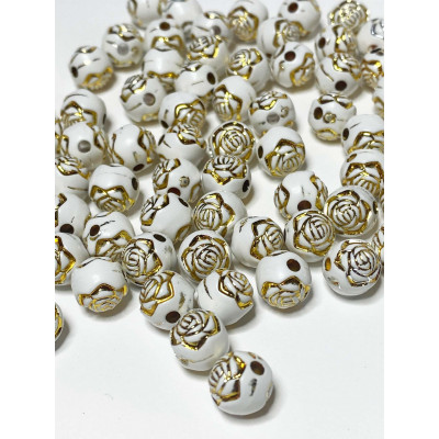 25 perles acrylique, 8 mm, blanc et or