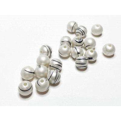 15 perles ivoire mat stries noir 10 mm. acrylique