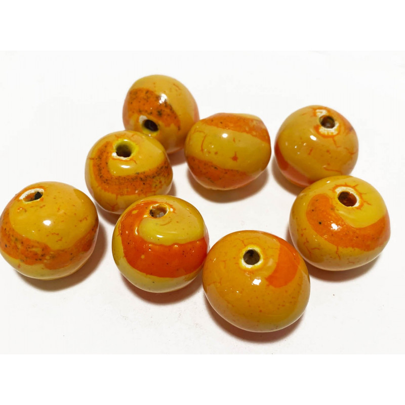 Grosse perle en céramique émaillée de 22 mm de diamètre. Perle européenne  fabriqué en Grèce. Bicolore jaune et orange.