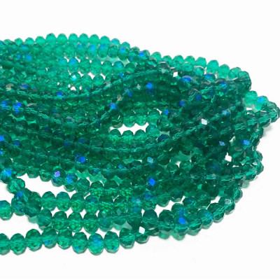 6*5 mm. Perles en verre à facettes vert bleuté. Fil d'environ 87 perles